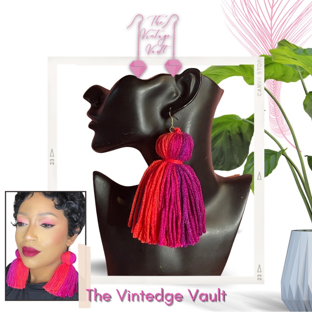 NEW Handmade large bohemian purple pink crochet yarn tassel fringe earrings